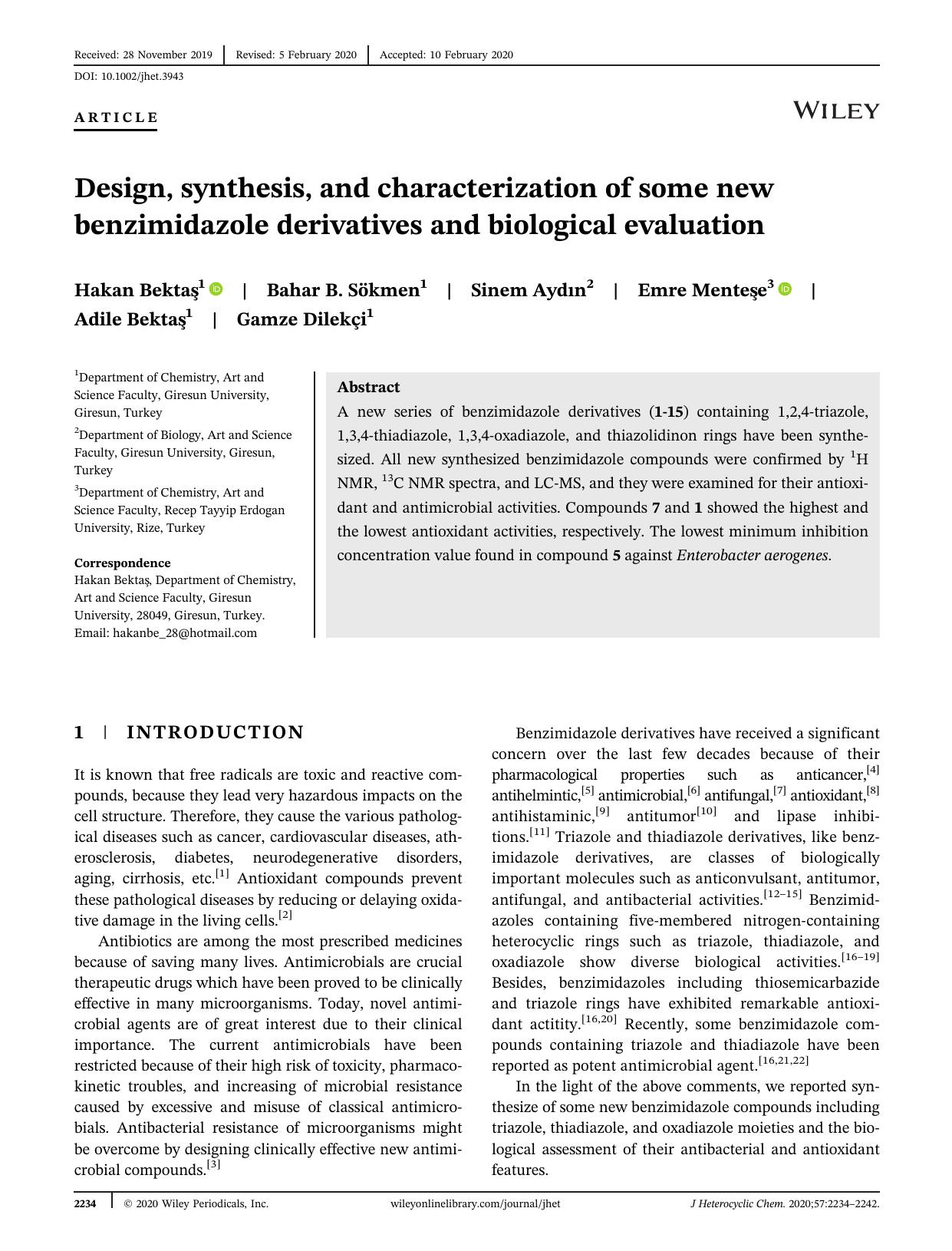 Design, synthesis and characterization of some new benzimidazole derivatives and biological evaluation by Unknown