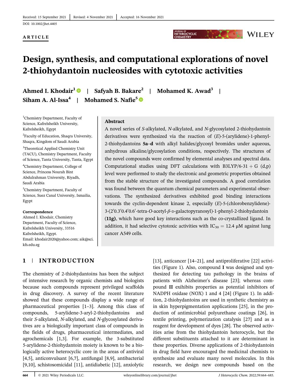 Design, synthesis and computational explorations of novel 2-thiohydantoin nucleosides with cytotoxic activities by Unknown