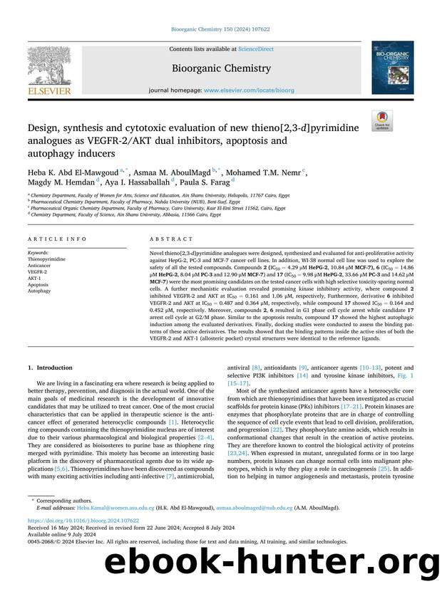 Design, synthesis and cytotoxic evaluation of new thieno[2,3- d ]pyrimidine analogues as VEGFR-2AKT dual inhibitors, apoptosis and autophagy inducers by unknow