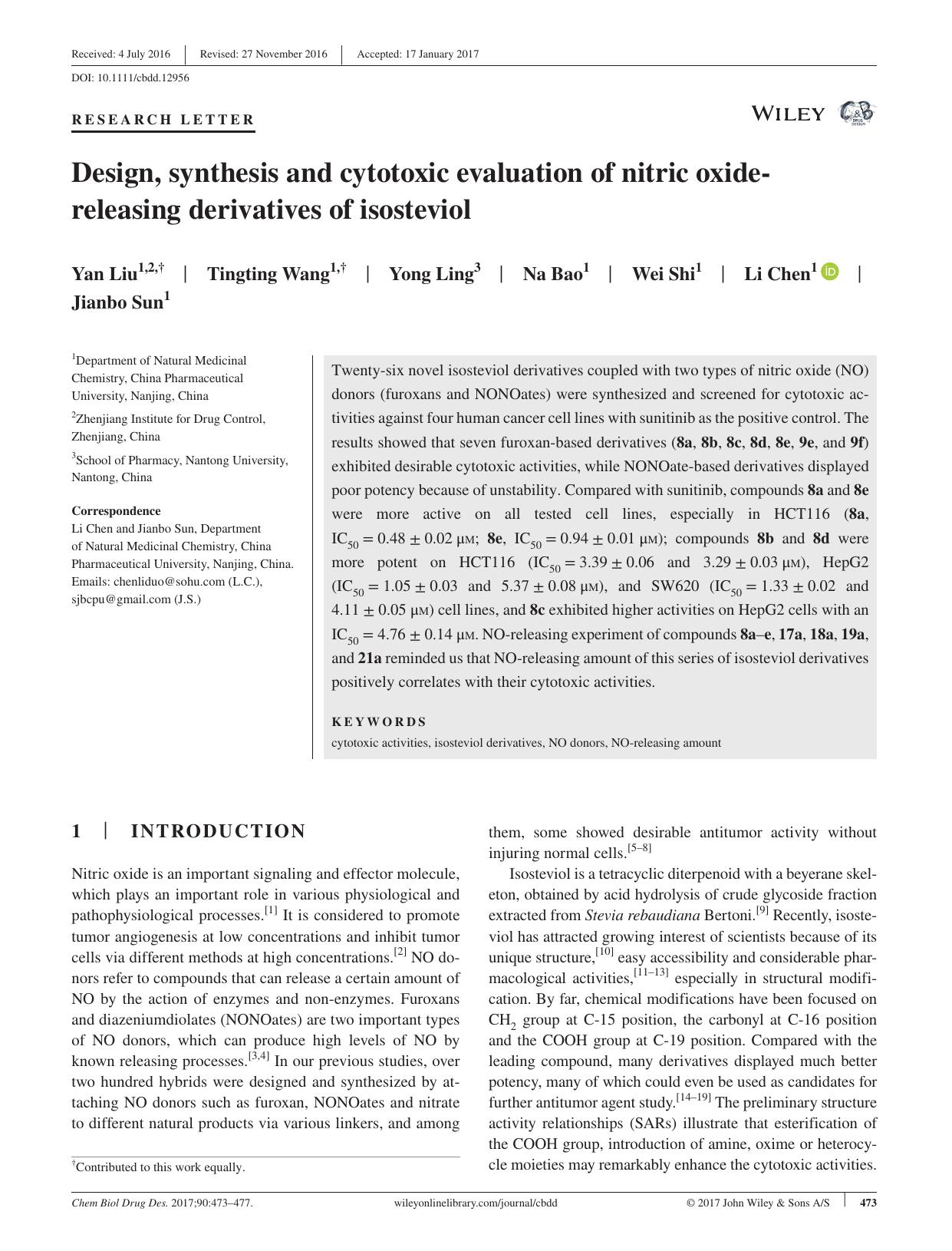 Design, synthesis and cytotoxic evaluation of nitric oxide‐releasing derivatives of isosteviol by unknow