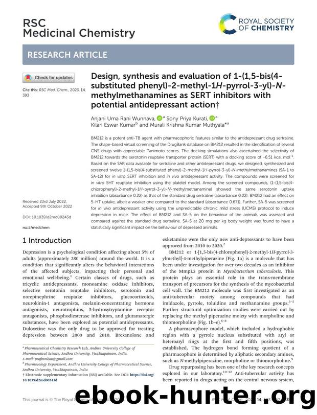 Design, synthesis and evaluation of 1-(1,5-bis(4-substituted phenyl)-2-methyl-1H-pyrrol-3-yl)-N-methylmethanamines as SERT inhibitors with potential antidepressant action by Anjani Uma Rani Wunnava & Sony Priya Kurati & Kilari Eswar Kumar & Murali Krishna Kumar Muthyala