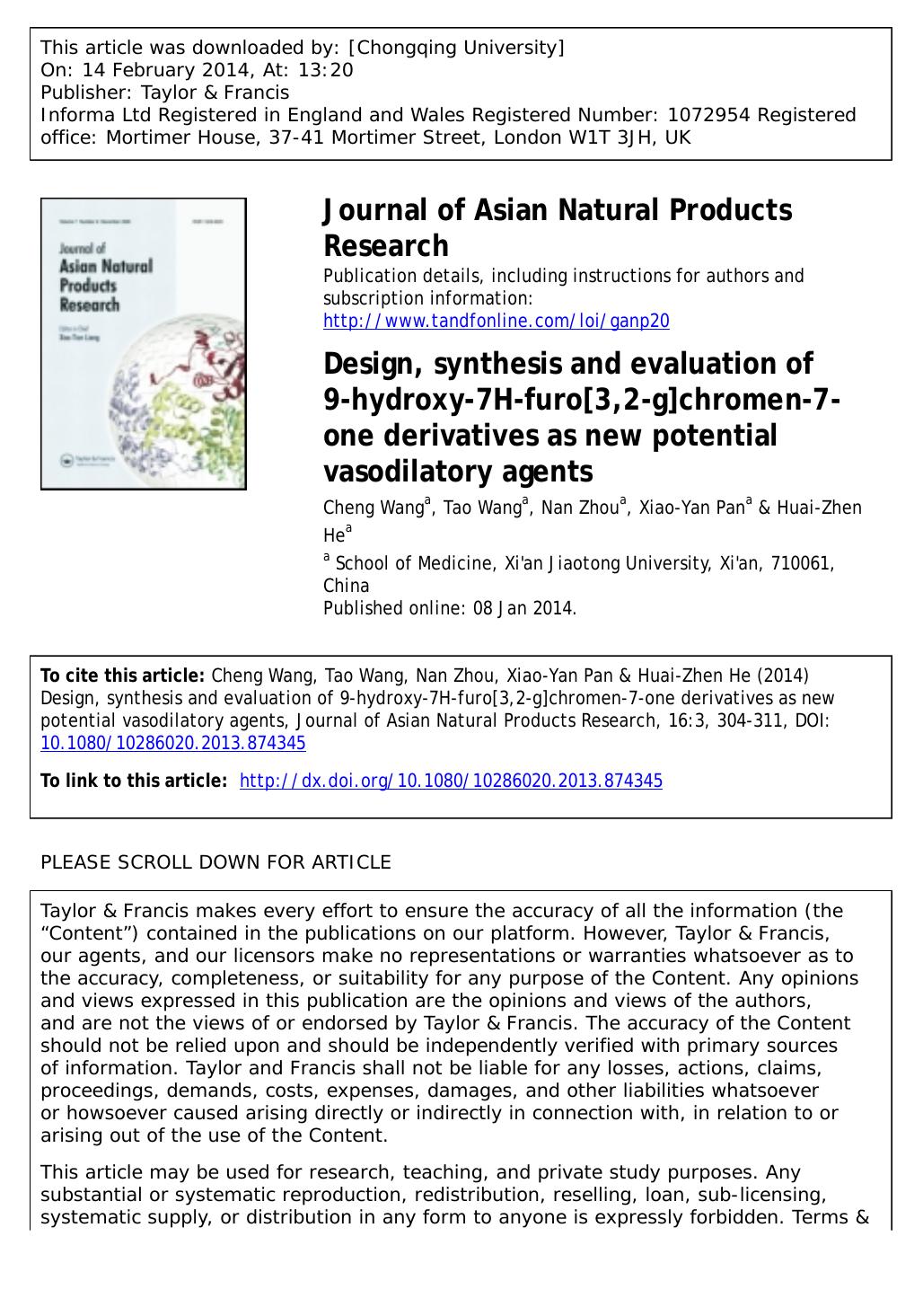 Design, synthesis and evaluation of 9-hydroxy-7H-furo[3,2-g]chromen-7-one derivatives as new potential vasodilatory agents by Cheng Wang & Tao Wang & Nan Zhou & Xiao-Yan Pan & Huai-Zhen He