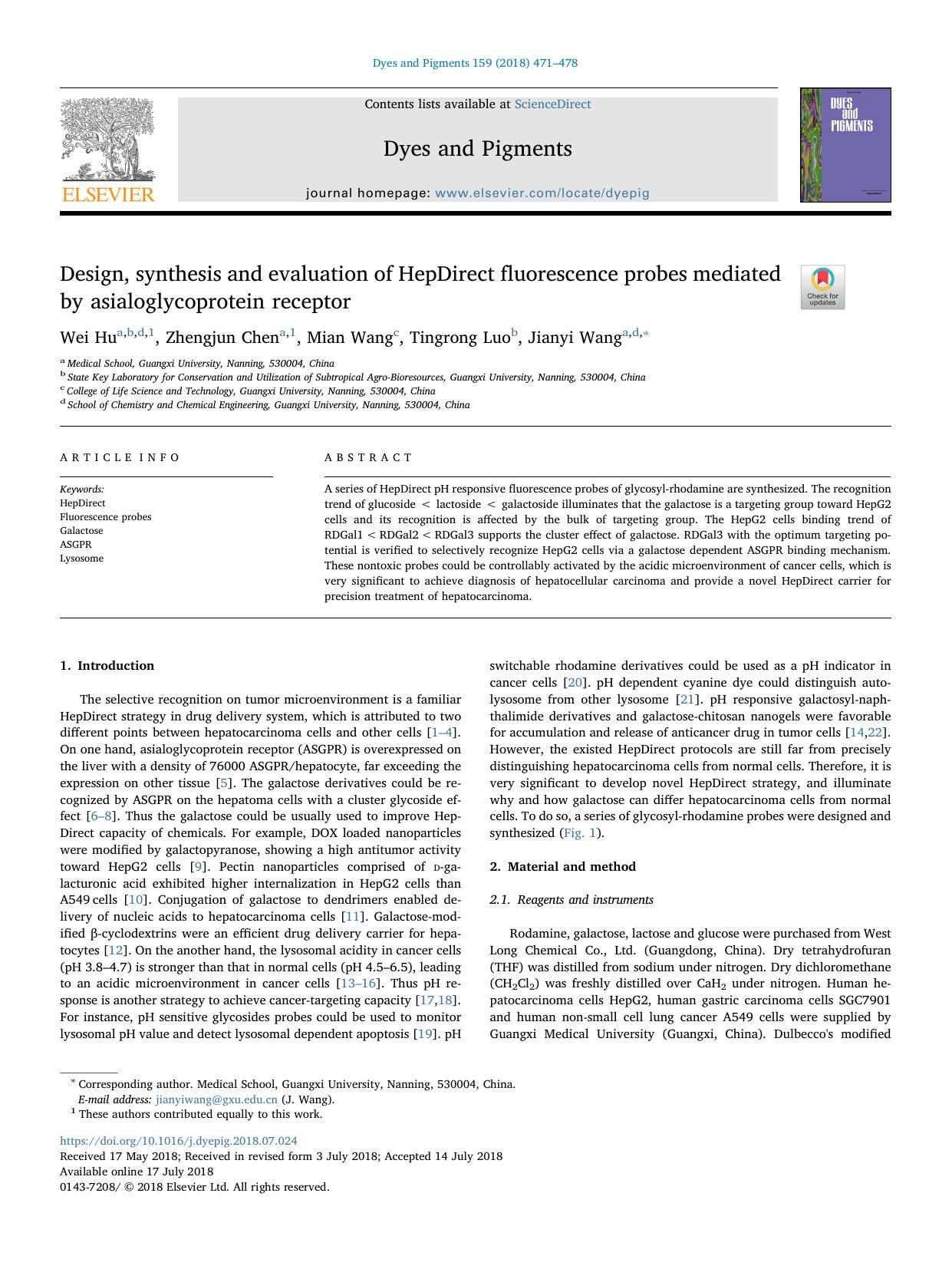 Design, synthesis and evaluation of HepDirect fluorescence probes mediated by asialoglycoprotein receptor by Wei Hu & Zhengjun Chen & Mian Wang & Tingrong Luo & Jianyi Wang