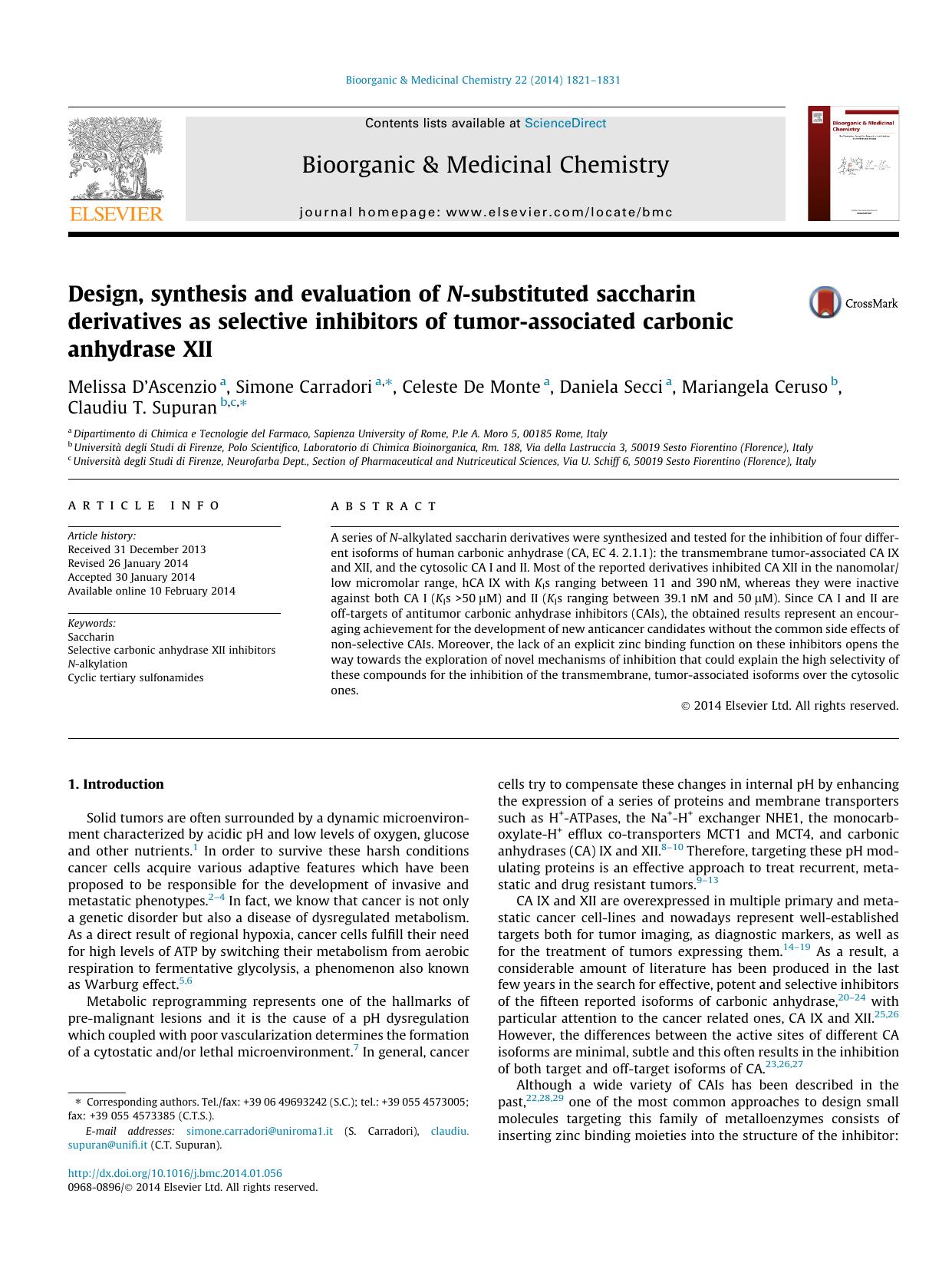 Design, synthesis and evaluation of N-substituted saccharin derivatives as selective inhibitors of tumor-associated carbonic anhydrase XII by unknow