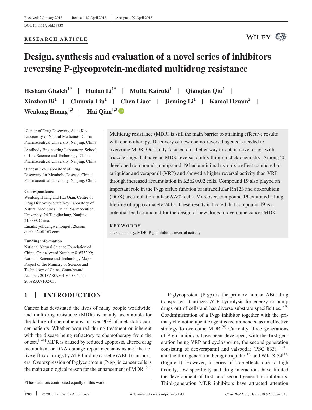 Design, synthesis and evaluation of a novel series of inhibitors reversing P‐glycoprotein‐mediated multidrug resistance by unknow