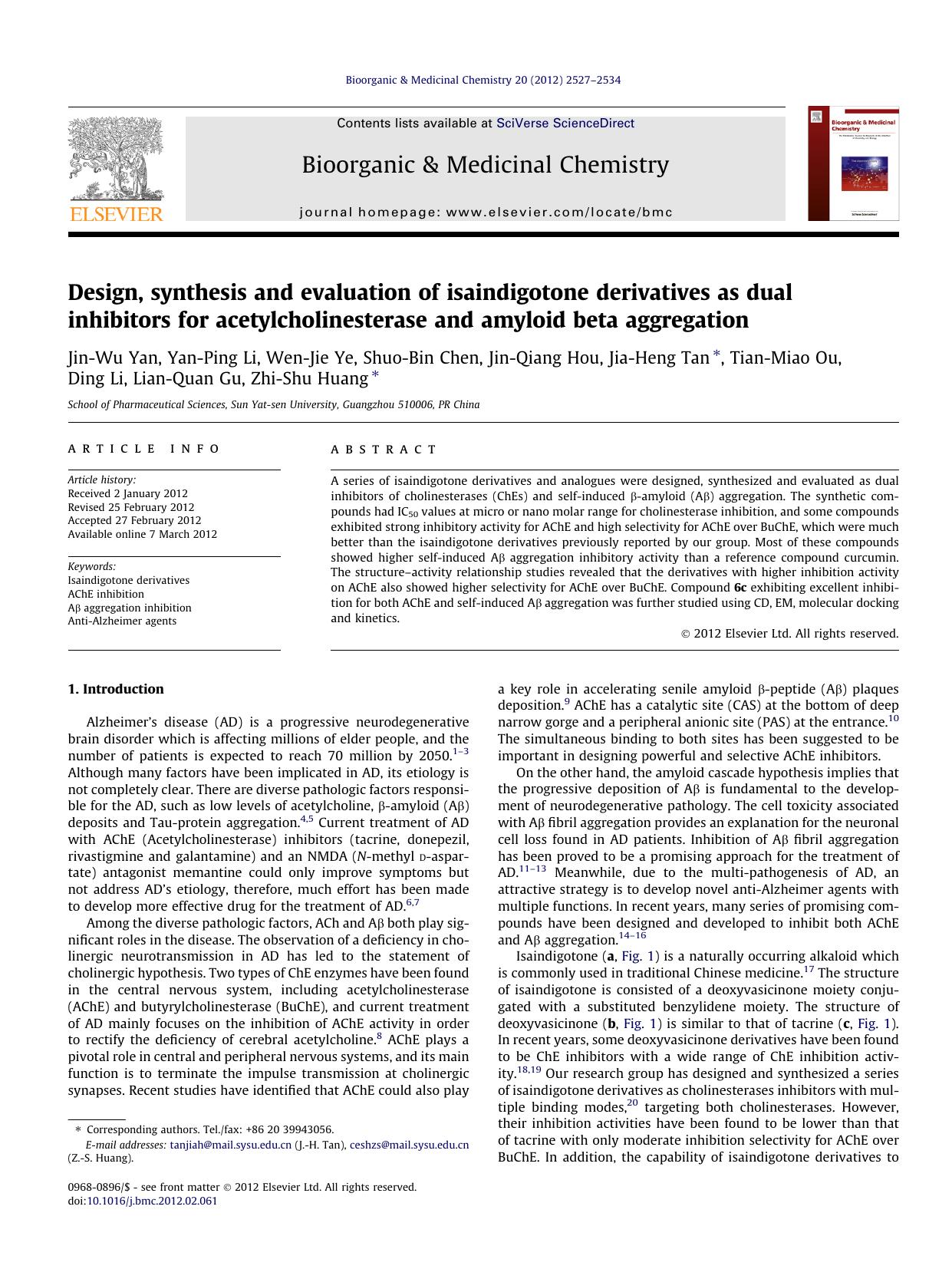 Design, synthesis and evaluation of isaindigotone derivatives as dual inhibitors for acetylcholinesterase and amyloid beta aggregation by unknow
