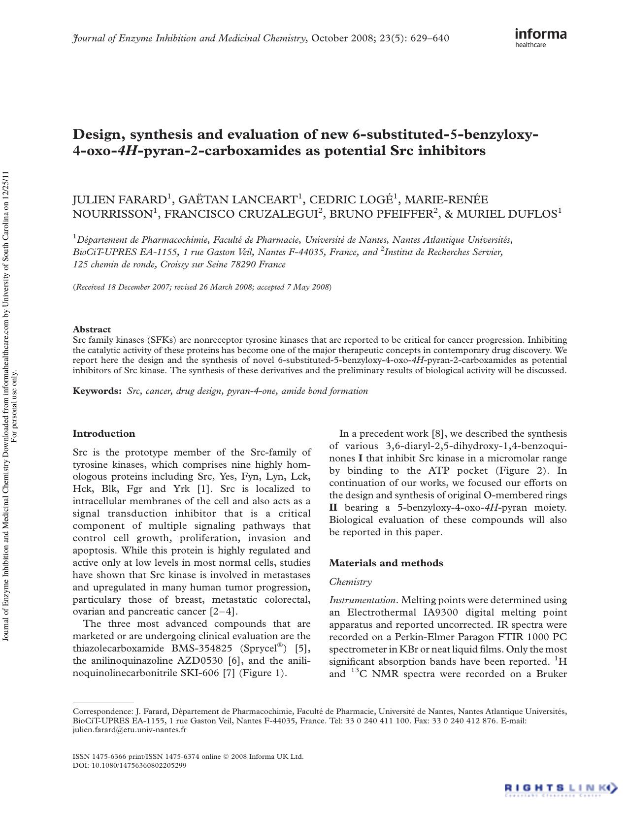 Design, synthesis and evaluation of new 6-substituted-5-benzyloxy-4-oxo-4H-pyran-2-carboxamides as potential Src inhibitors by unknow
