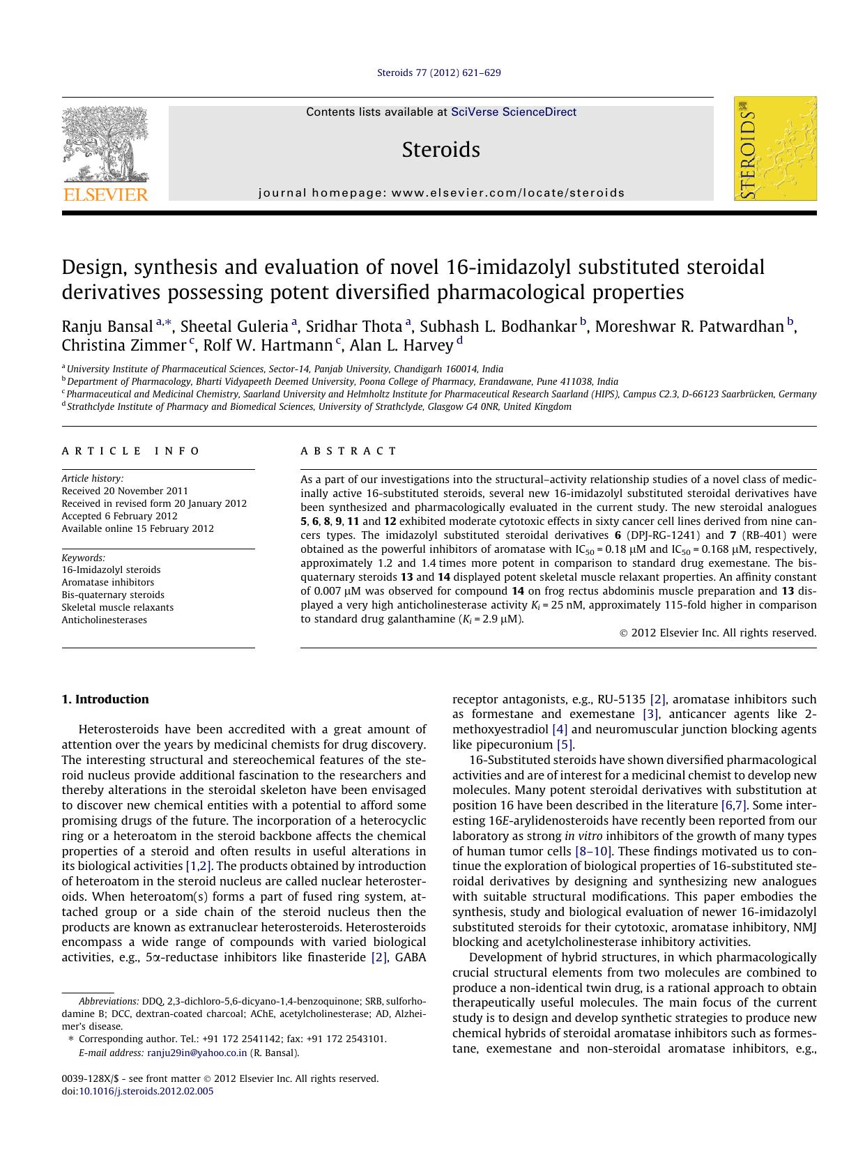 Design, synthesis and evaluation of novel 16-imidazolyl substituted steroidal derivatives possessing potent diversified pharmacological properties by unknow