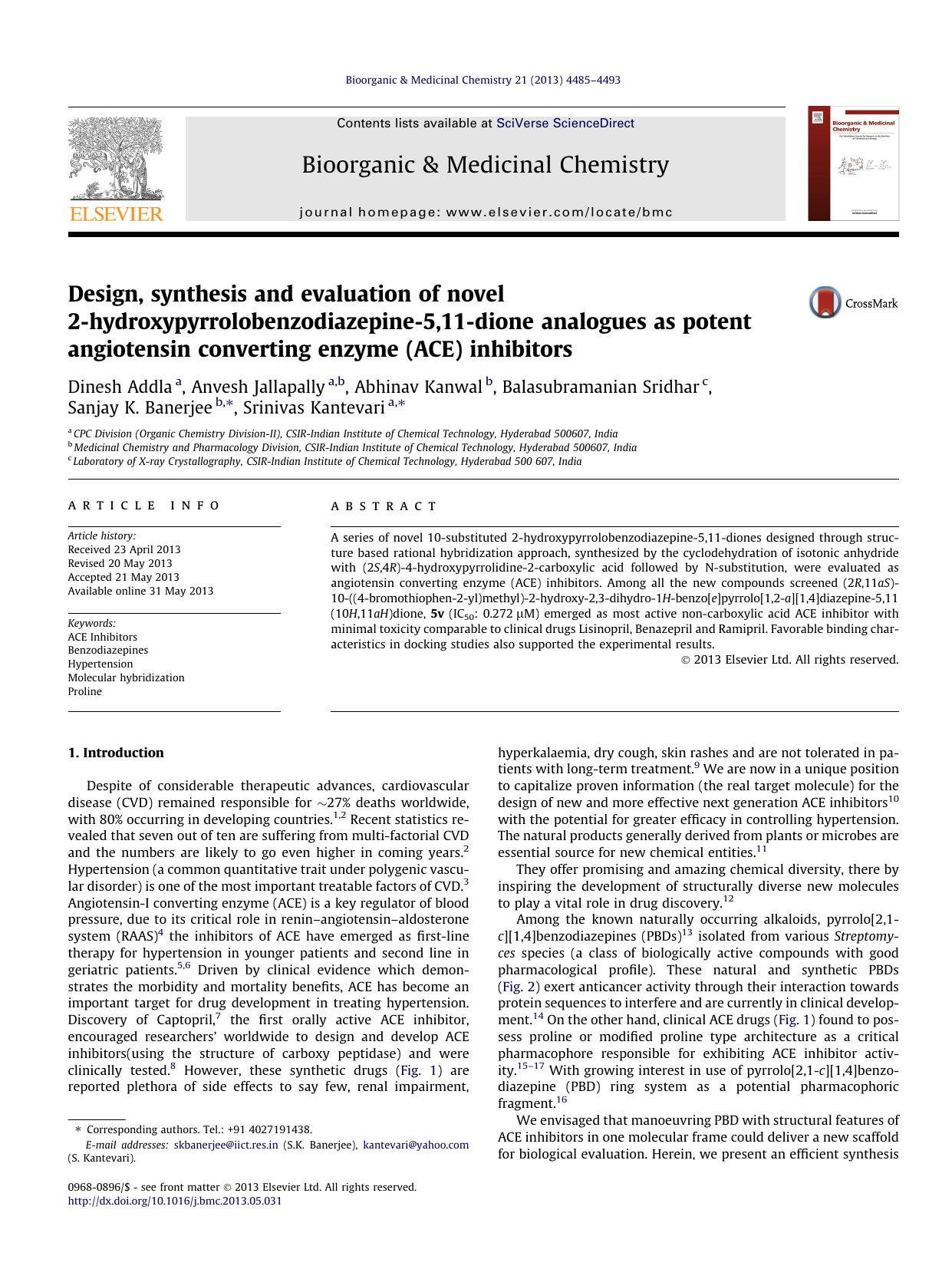 Design, synthesis and evaluation of novel 2-hydroxypyrrolobenzodiazepine-5,11-dione analogues as potent angiotensin converting enzyme (ACE) inhibitors by unknow