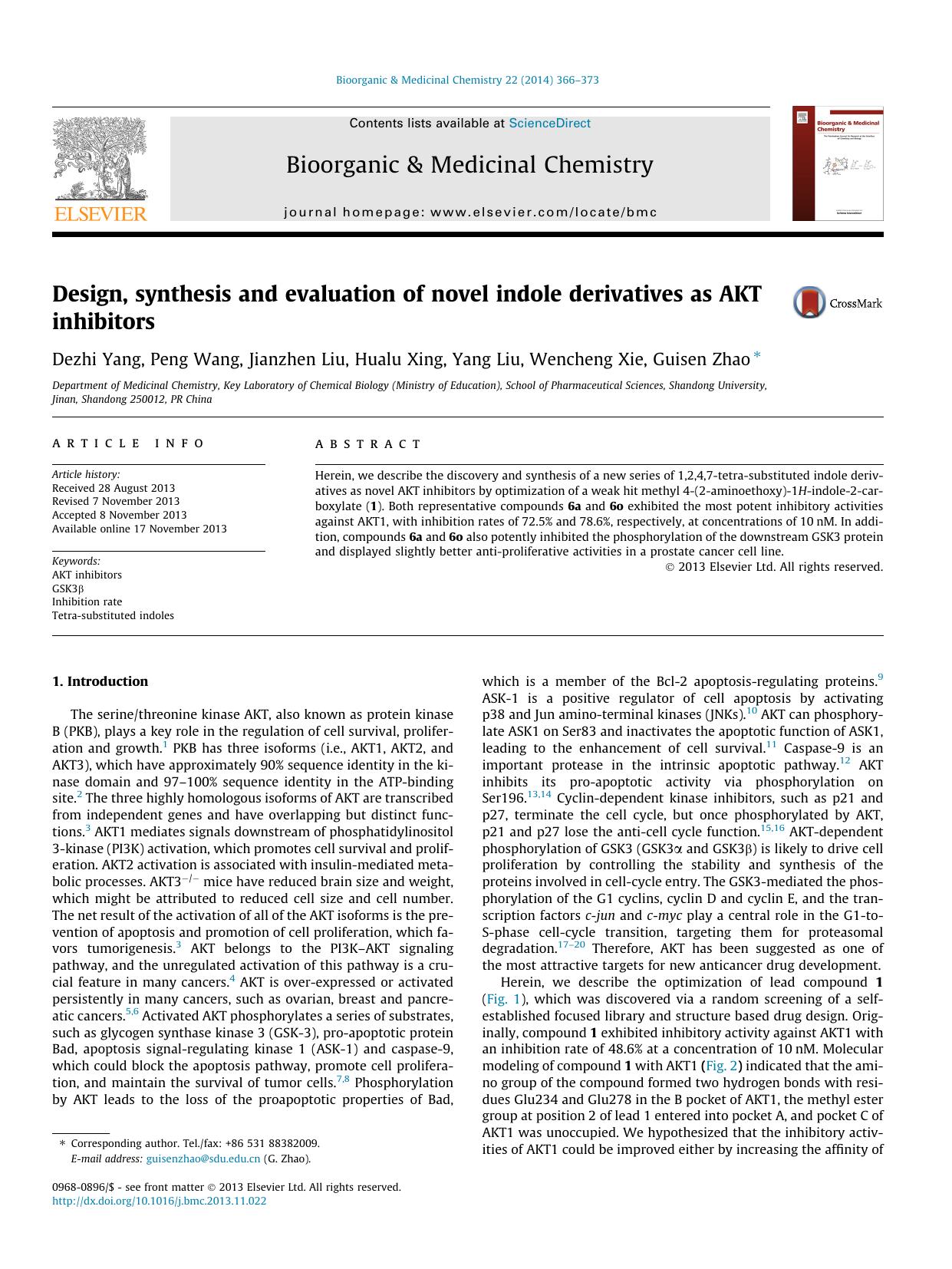 Design, synthesis and evaluation of novel indole derivatives as AKT inhibitors by Dezhi Yang & Peng Wang & Jianzhen Liu & Hualu Xing & Yang Liu & Wencheng Xie & Guisen Zhao