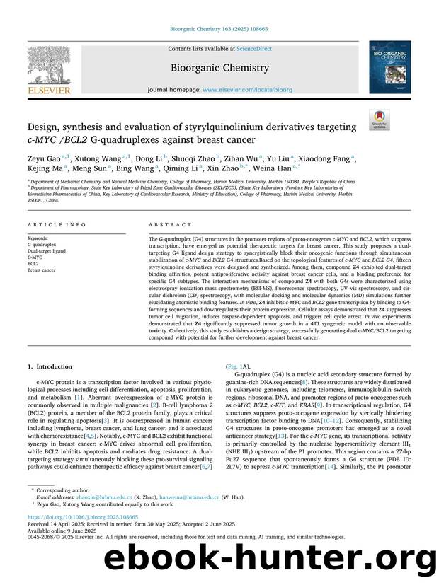 Design, synthesis and evaluation of styrylquinolinium derivatives targeting c-MYC  BCL2 G-quadruplexes against breast cancer by unknow