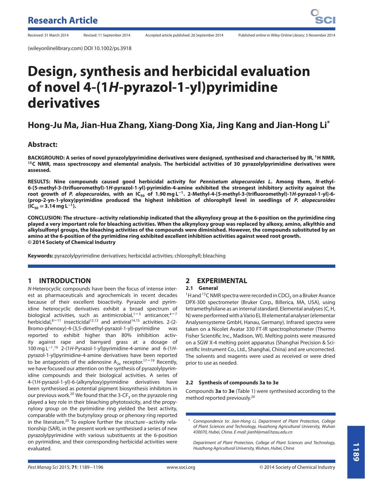 Design, synthesis and herbicidal evaluation of novel 4-(1H-pyrazol-1-yl)pyrimidine derivatives by Unknown