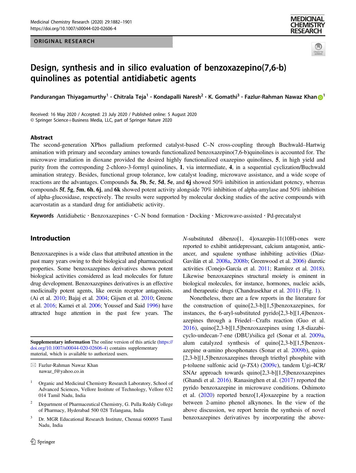 Design, synthesis and in silico evaluation of benzoxazepino(7,6-b)quinolines as potential antidiabetic agents by unknow