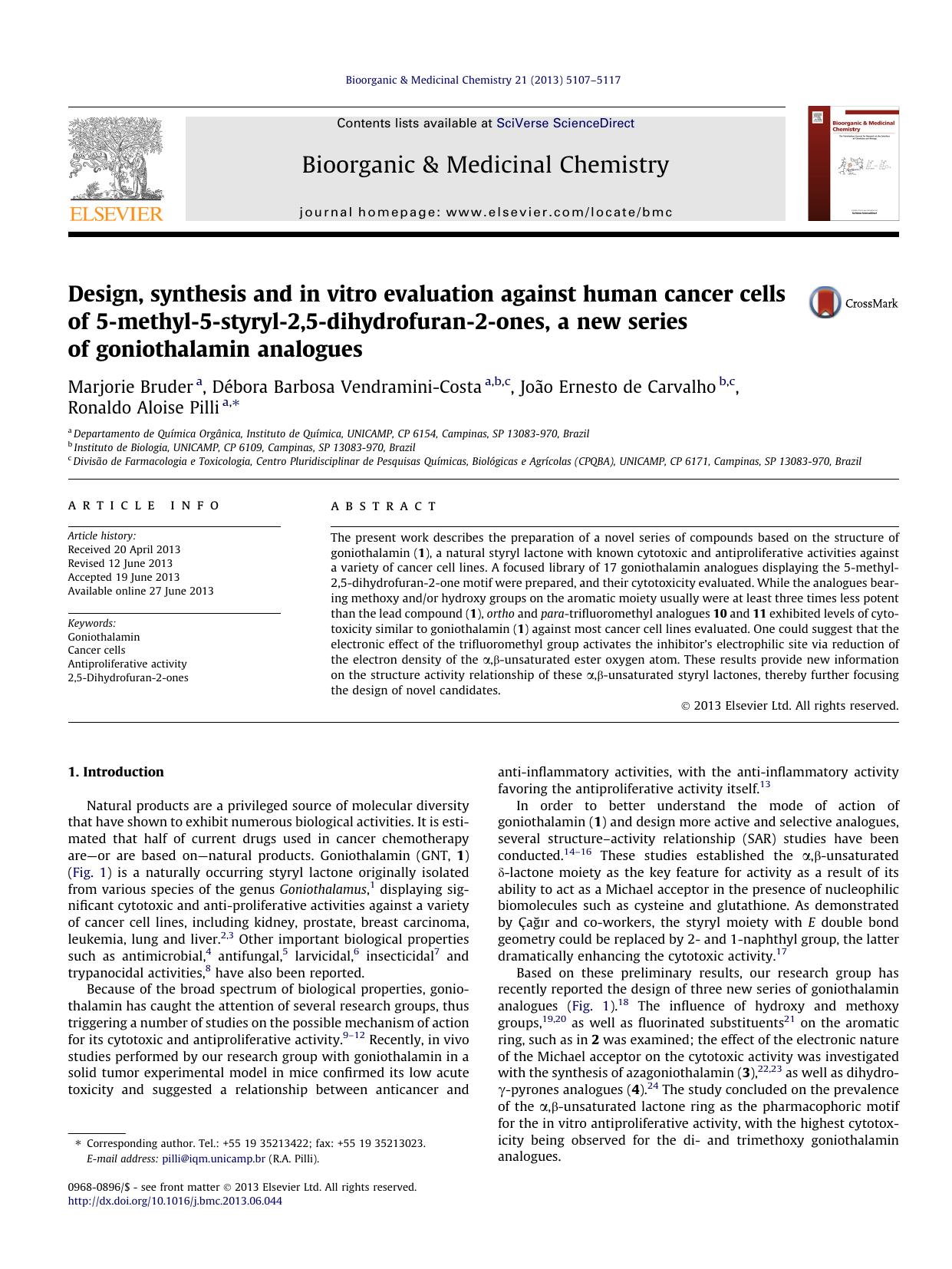 Design, synthesis and in vitro evaluation against human cancer cells of 5-methyl-5-styryl-2,5-dihydrofuran-2-ones, a new series of goniothalamin analogues by unknow