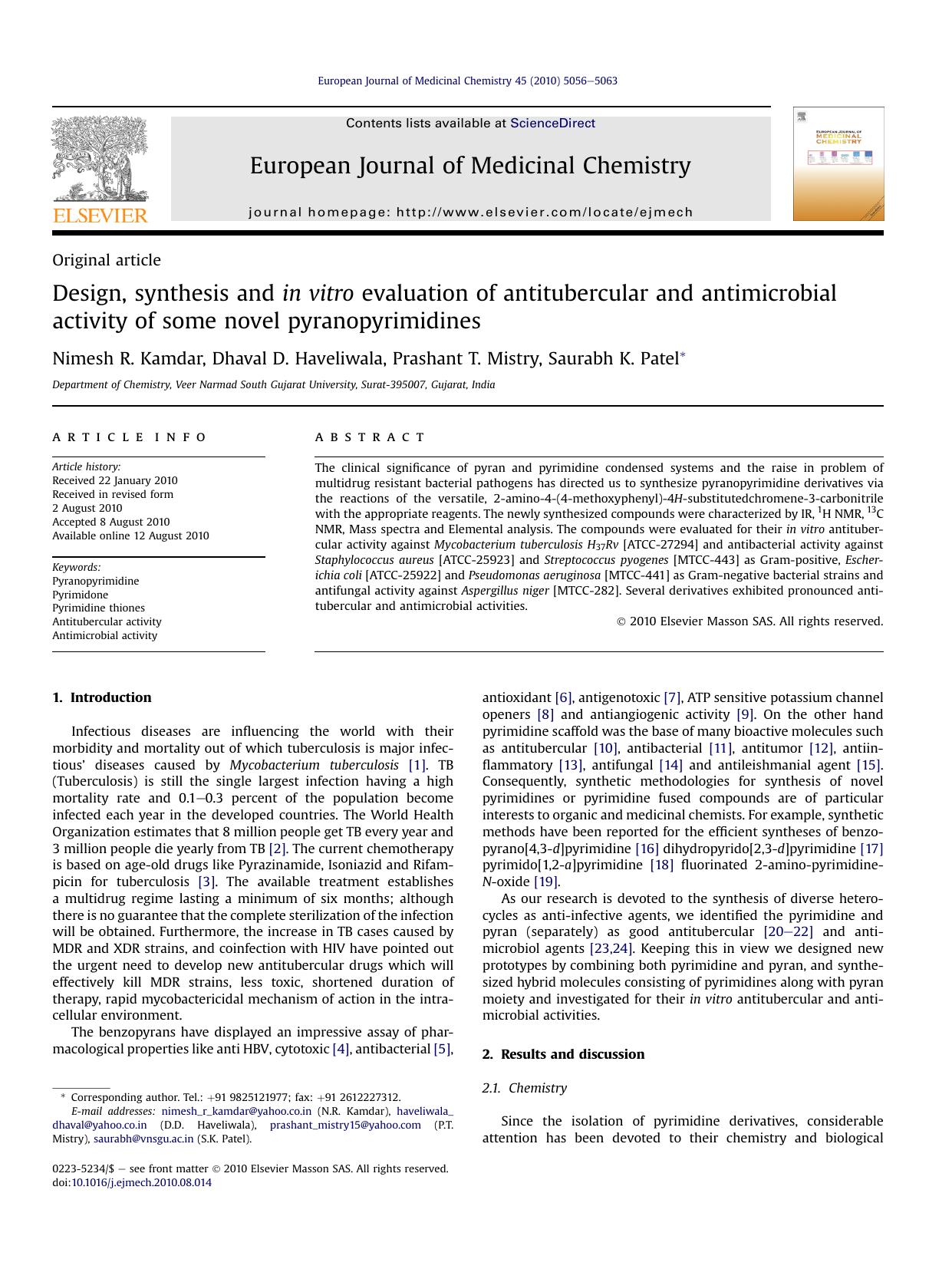 Design, synthesis and in vitro evaluation of antitubercular and antimicrobial activity of some novel pyranopyrimidines by Nimesh R. Kamdar & Dhaval D. Haveliwala & Prashant T. Mistry & Saurabh K. Patel