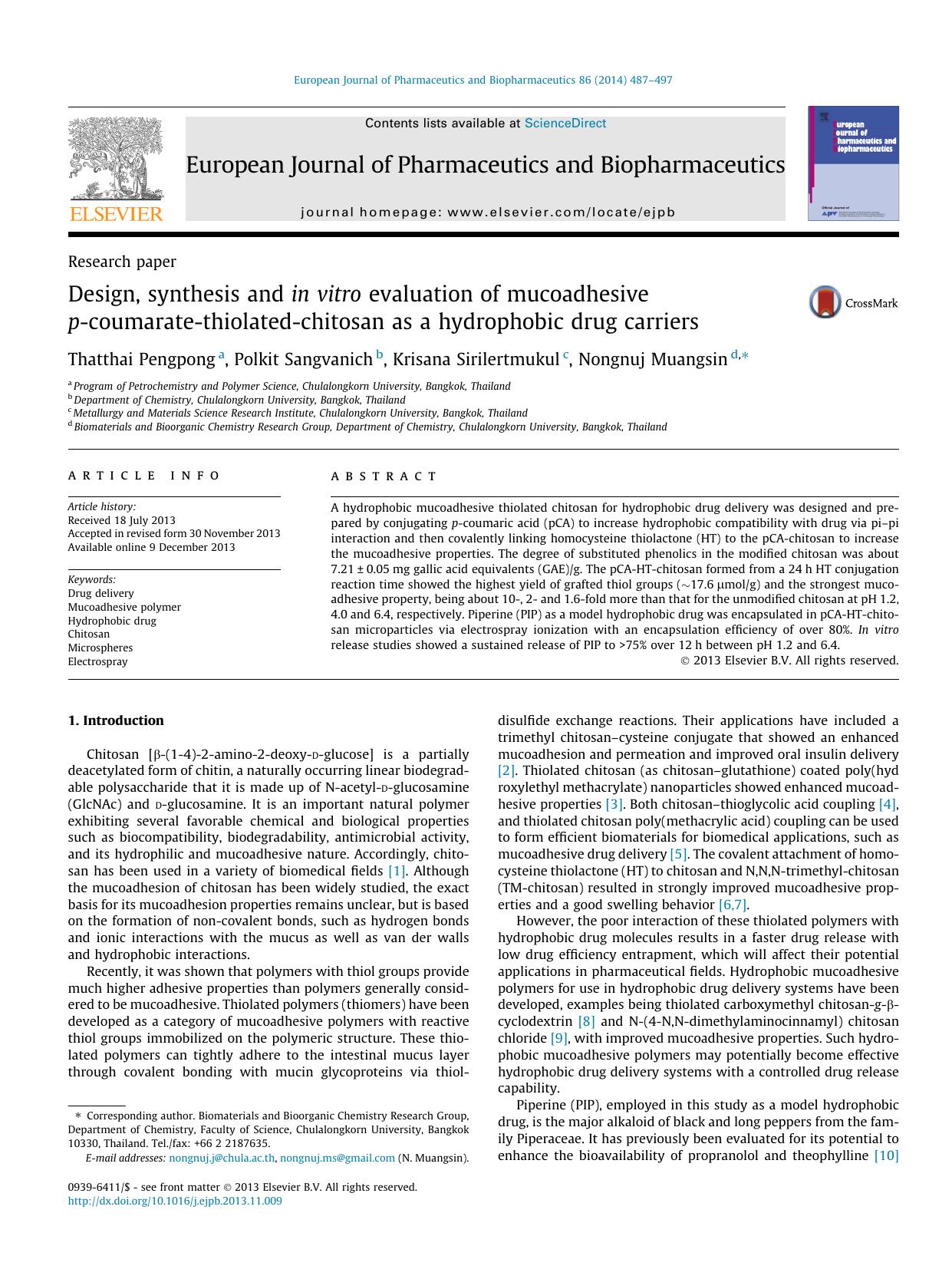Design, synthesis and in vitro evaluation of mucoadhesive p-coumarate-thiolated-chitosan as a hydrophobic drug carriers by Thatthai Pengpong & Polkit Sangvanich & Krisana Sirilertmukul & Nongnuj Muangsin