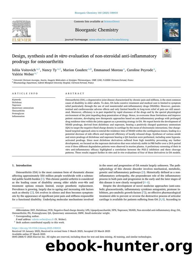 Design, synthesis and in vitro evaluation of non-steroidal anti-inflammatory prodrugs for osteoarthritis by Iuliia Voitovich & Nancy Ty & Marion Couderc & Emmanuel Moreau & Caroline Peyrode & Valérie Weber