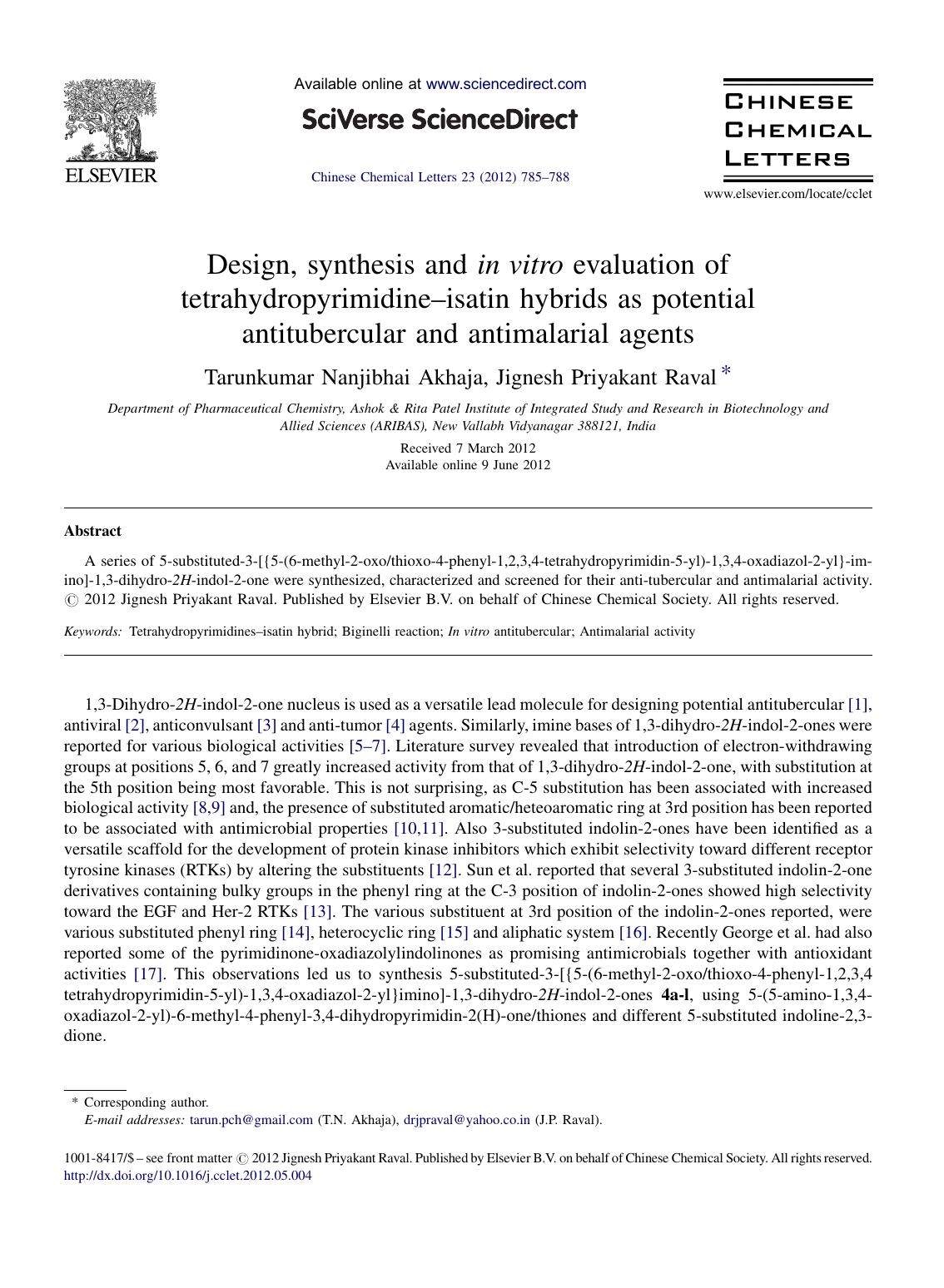 Design, synthesis and in vitro evaluation of tetrahydropyrimidineâisatin hybrids as potential antitubercular and antimalarial agents by Tarunkumar Nanjibhai Akhaja