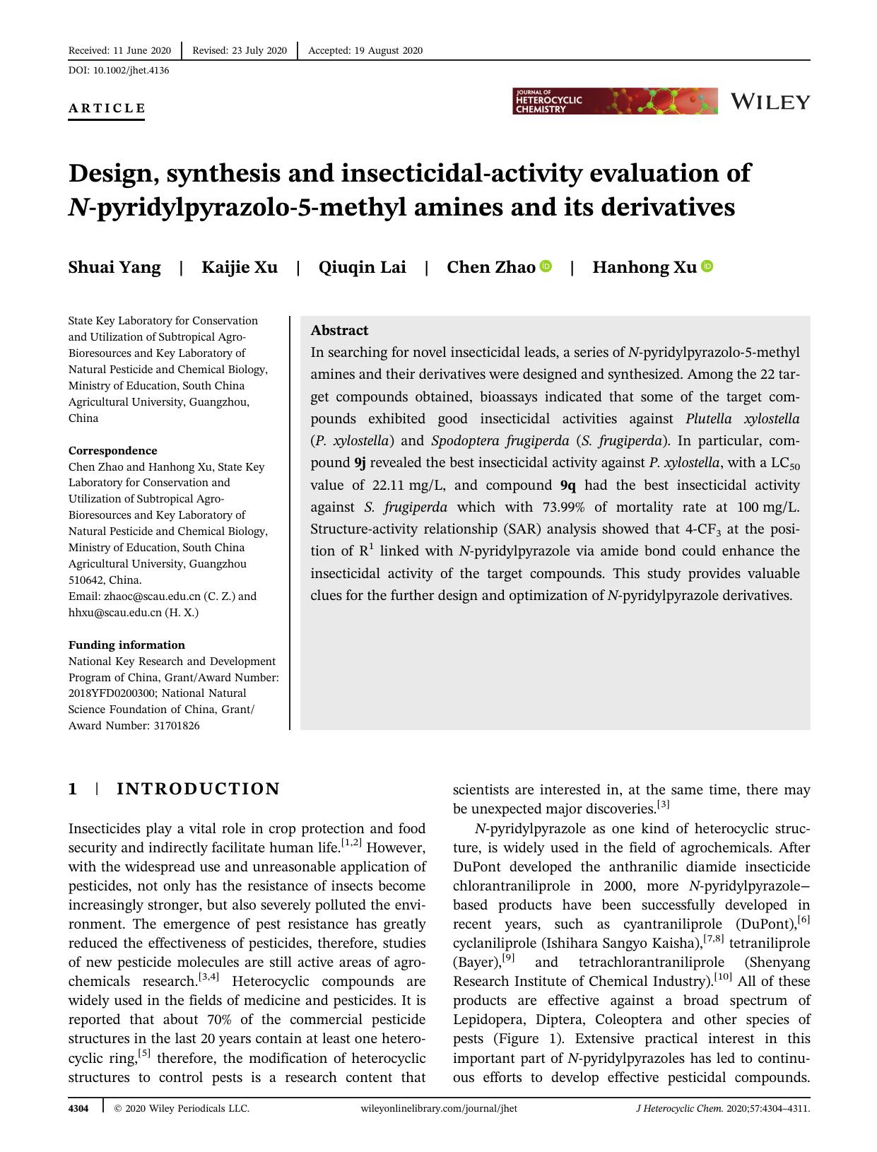 Design, synthesis and insecticidal-activity evaluation of N-pyridylpyrazolo-5-methyl amines and its derivatives by Unknown