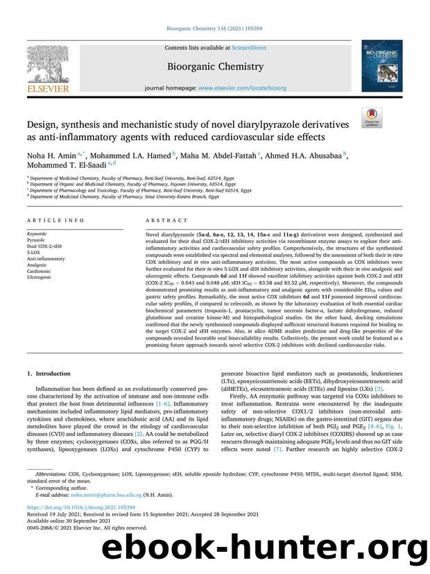 Design, synthesis and mechanistic study of novel diarylpyrazole derivatives as anti-inflammatory agents with reduced cardiovascular side effects by Noha H. Amin