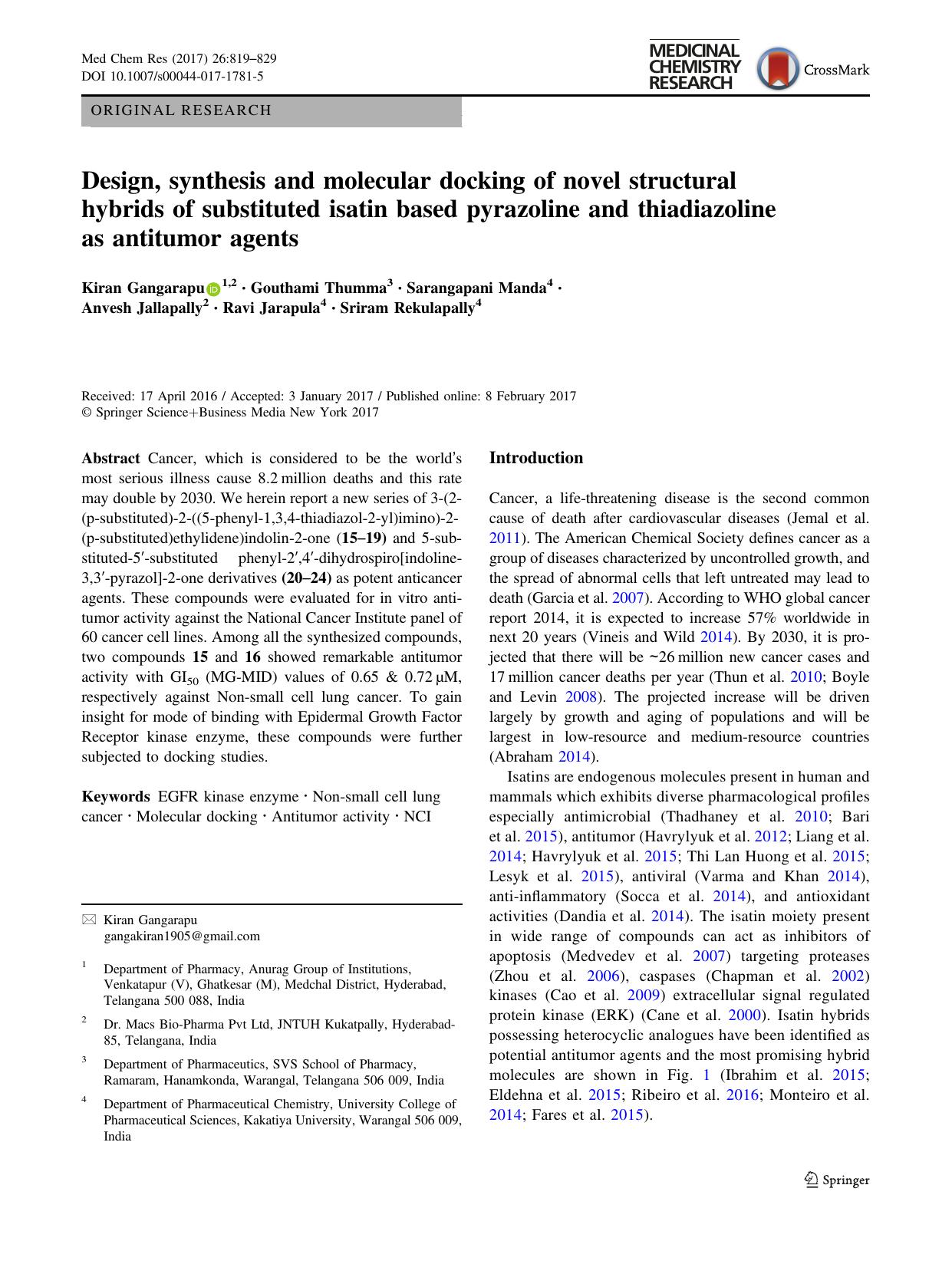 Design, synthesis and molecular docking of novel structural hybrids of substituted isatin based pyrazoline and thiadiazoline as antitumor agents by unknow