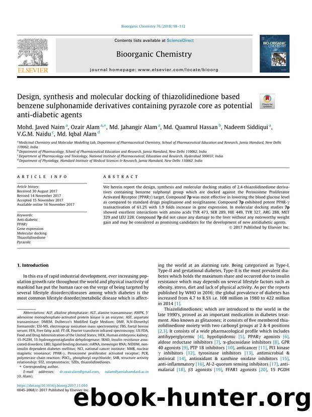 Design, synthesis and molecular docking of thiazolidinedione based benzene sulphonamide derivatives containing pyrazole core as potential anti-diabetic agents by unknow