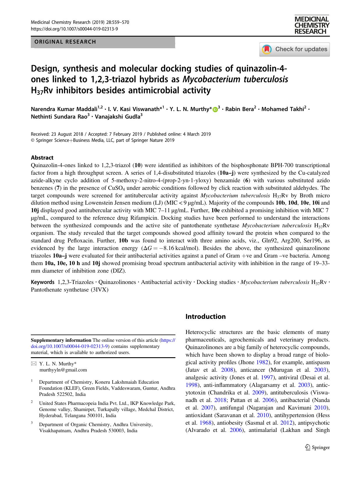 Design, synthesis and molecular docking studies of quinazolin-4-ones linked to 1,2,3-triazol hybrids as Mycobacterium tuberculosis H37Rv inhibitors besides antimicrobial activity by unknow
