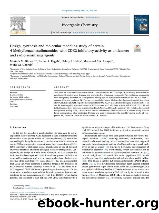 Design, synthesis and molecular modeling study of certain 4-Methylbenzenesulfonamides with CDK2 inhibitory activity as anticancer and radio-sensitizing agents by Mostafa M. Ghorab & Fatma A. Ragab & Helmy I. Heiba & Mohamed S.A. Elsayed & Walid M. Ghorab