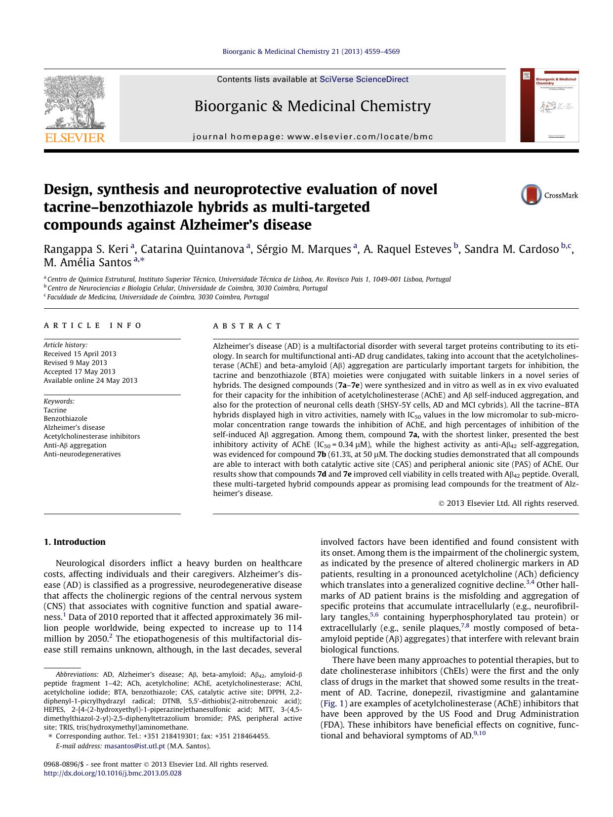 Design, synthesis and neuroprotective evaluation of novel tacrineâbenzothiazole hybrids as multi-targeted compounds against Alzheimerâs disease by unknow