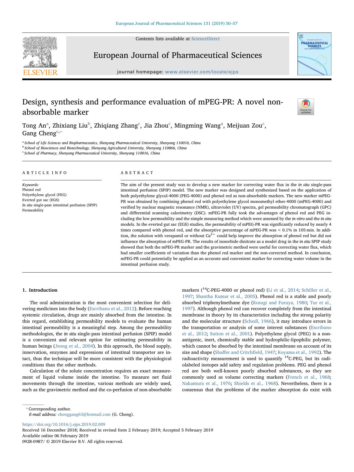 Design, synthesis and performance evaluation of mPEG-PR_ A novel non-absorbable marker by Tong An & Zhixiang Liu & Zhiqiang Zhang & Jia Zhou & Mingming Wang & Meijuan Zou & Gang Cheng