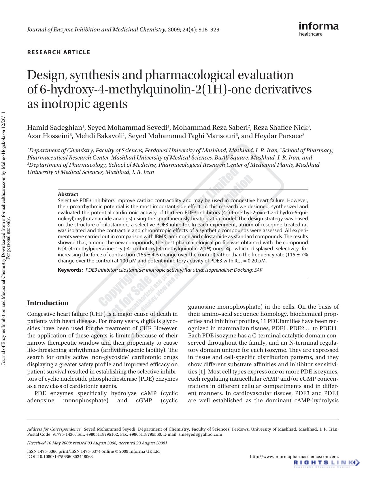 Design, synthesis and pharmacological evaluation of 6-hydroxy-4-methylquinolin-2(1H)-one derivatives as inotropic agents by unknow