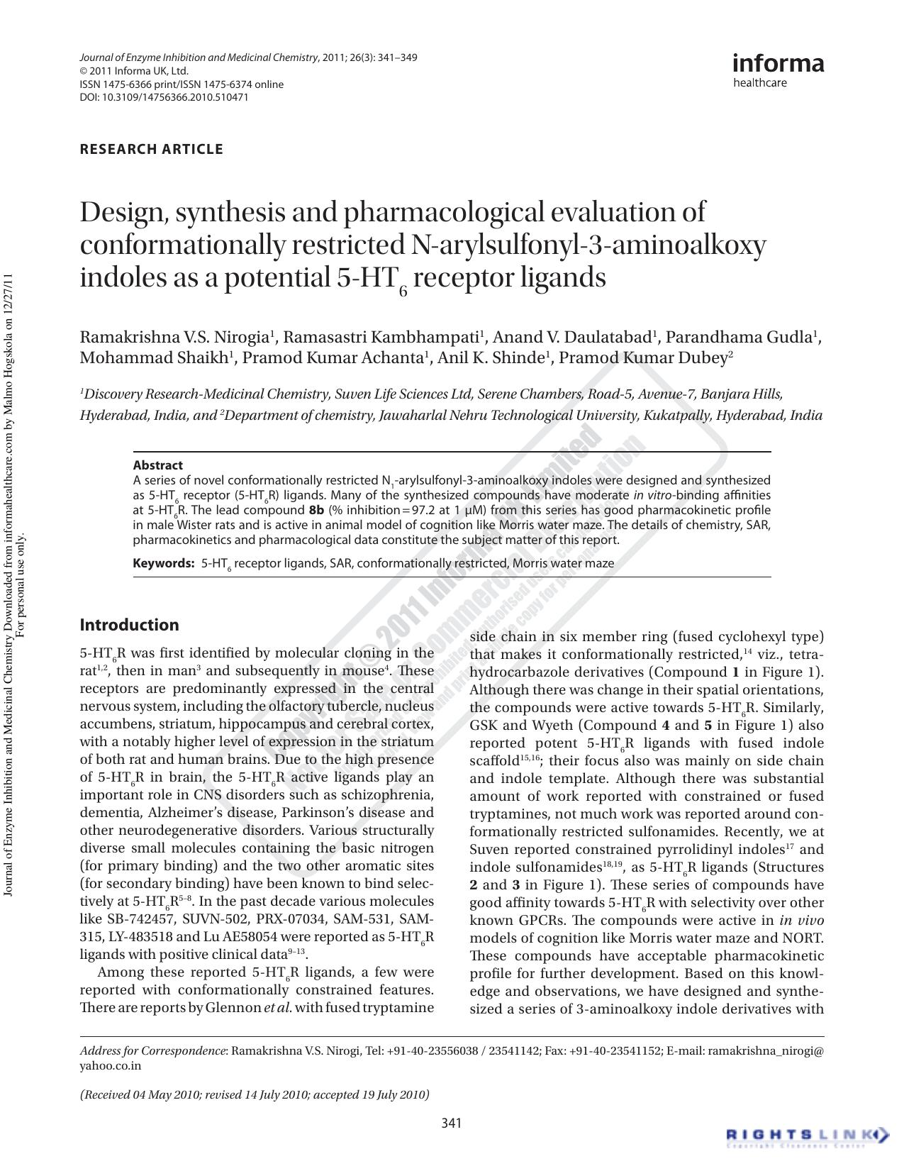 Design, synthesis and pharmacological evaluation of conformationally restricted N-arylsulfonyl-3-aminoalkoxy indoles as a potential 5-HT6 receptor ligands by unknow