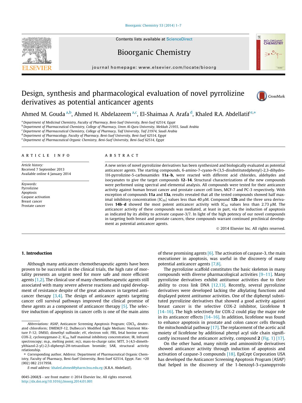 Design, synthesis and pharmacological evaluation of novel pyrrolizine derivatives as potential anticancer agents by Ahmed M. Gouda & Ahmed H. Abdelazeem & El-Shaimaa A. Arafa & Khaled R.A. Abdellatif