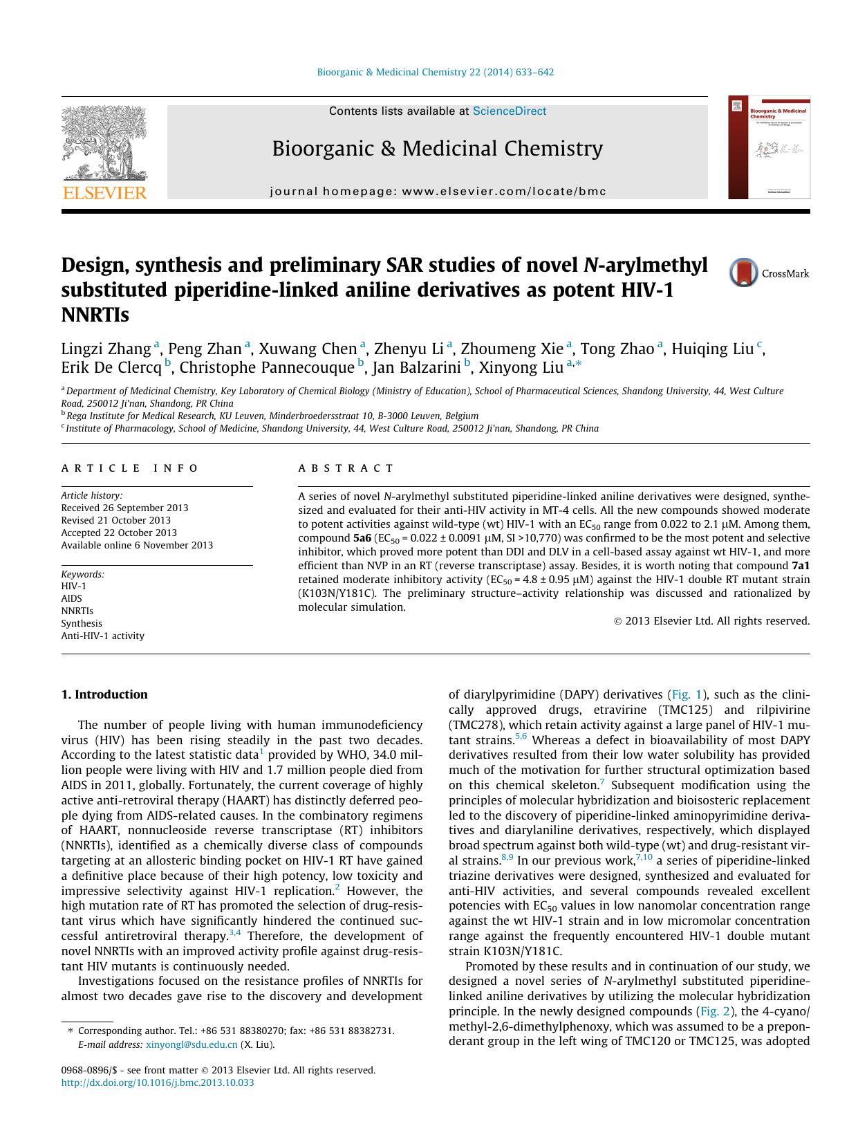 Design, synthesis and preliminary SAR studies of novel N-arylmethyl substituted piperidine-linked aniline derivatives as potent HIV-1 NNRTIs by unknow