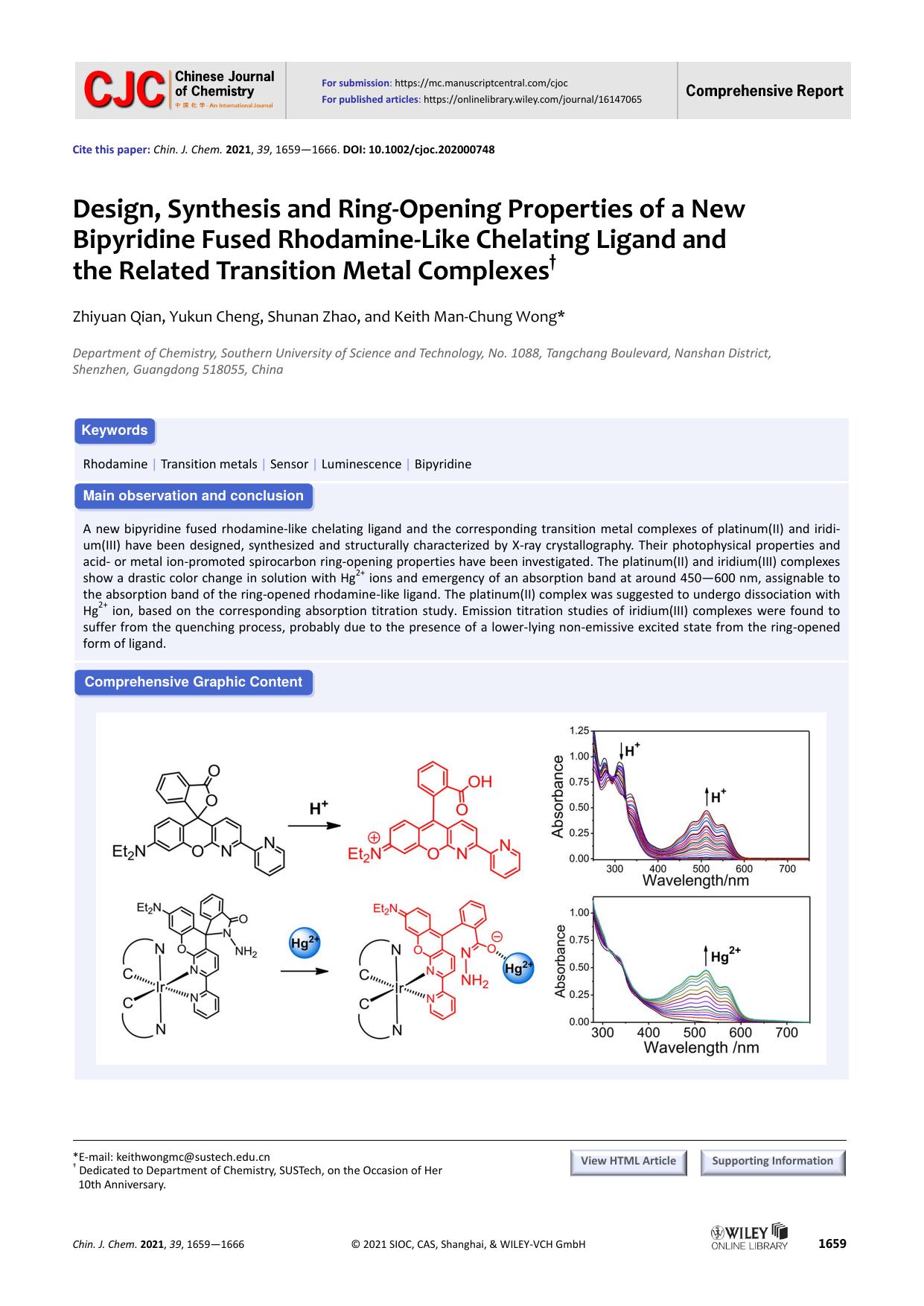 Design, synthesis and ring-opening properties of a new bipyridine fused rhodamine-like chelating ligand and the related transition metal complexes by 24448