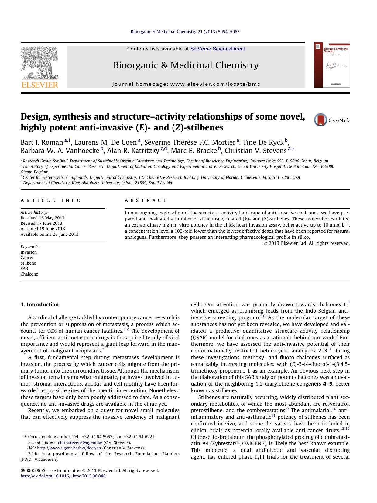 Design, synthesis and structureâactivity relationships of some novel, highly potent anti-invasive (E)- and (Z)-stilbenes by unknow
