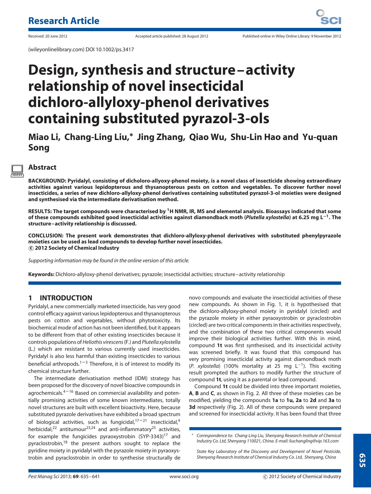 Design, synthesis and structureactivity relationship of novel insecticidal dichloroallyloxyphenol derivatives containing substituted pyrazol3ols by Unknown