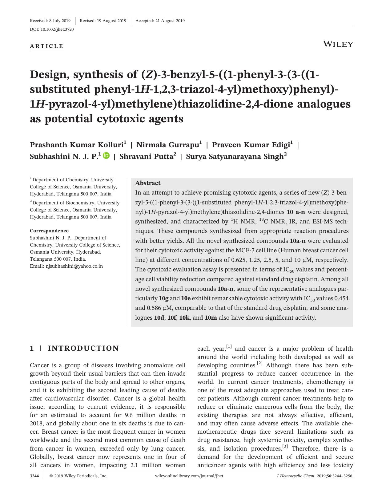 Design, synthesis of (Z)â3âbenzylâ5â((1âphenylâ3â(3â((1â substituted phenylâ1Hâ1,2,3âtriazolâ4âyl)methoxy)phenyl)â1Hâpyrazolâ4âyl)methylene)thia by unknow