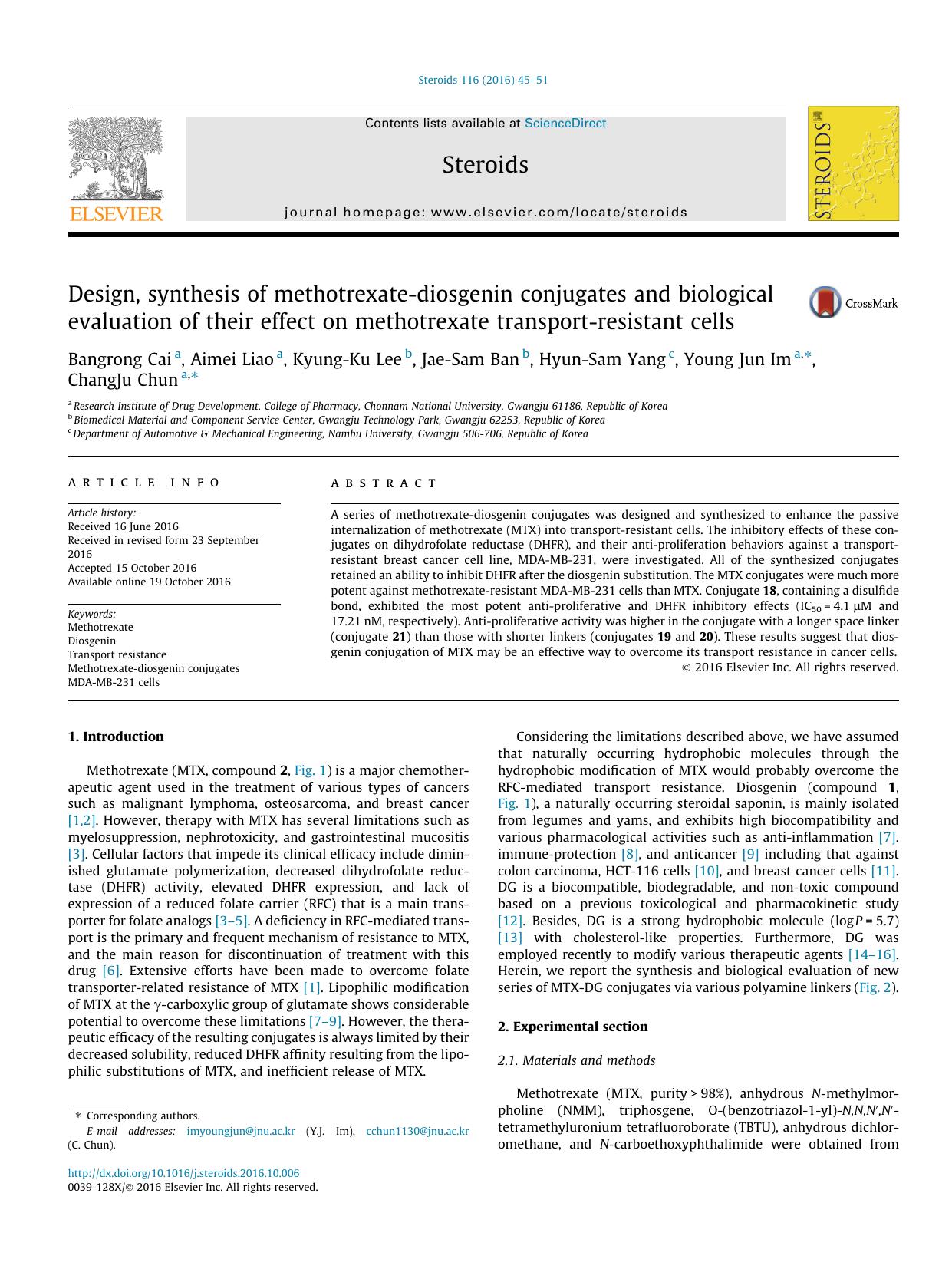 Design, synthesis of methotrexate-diosgenin conjugates and biological evaluation of their effect on methotrexate transport-resistant cells by Bangrong Cai & Aimei Liao & Kyung-Ku Lee & Jae-Sam Ban & Hyun-Sam Yang & Young Jun Im & ChangJu Chun