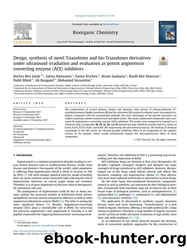 Design, synthesis of novel Triazolones and bis-Triazolones derivatives under ultrasound irradiation and evaluation as potent angiotensin converting enzyme (ACE) inhibitors by unknow