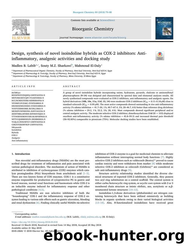 Design, synthesis of novel isoindoline hybrids as COX-2 inhibitors_ Anti-inflammatory, analgesic activities and docking study by Madlen B. Labib & Souty M.Z. Sharkawi & Mahmoud El-Daly