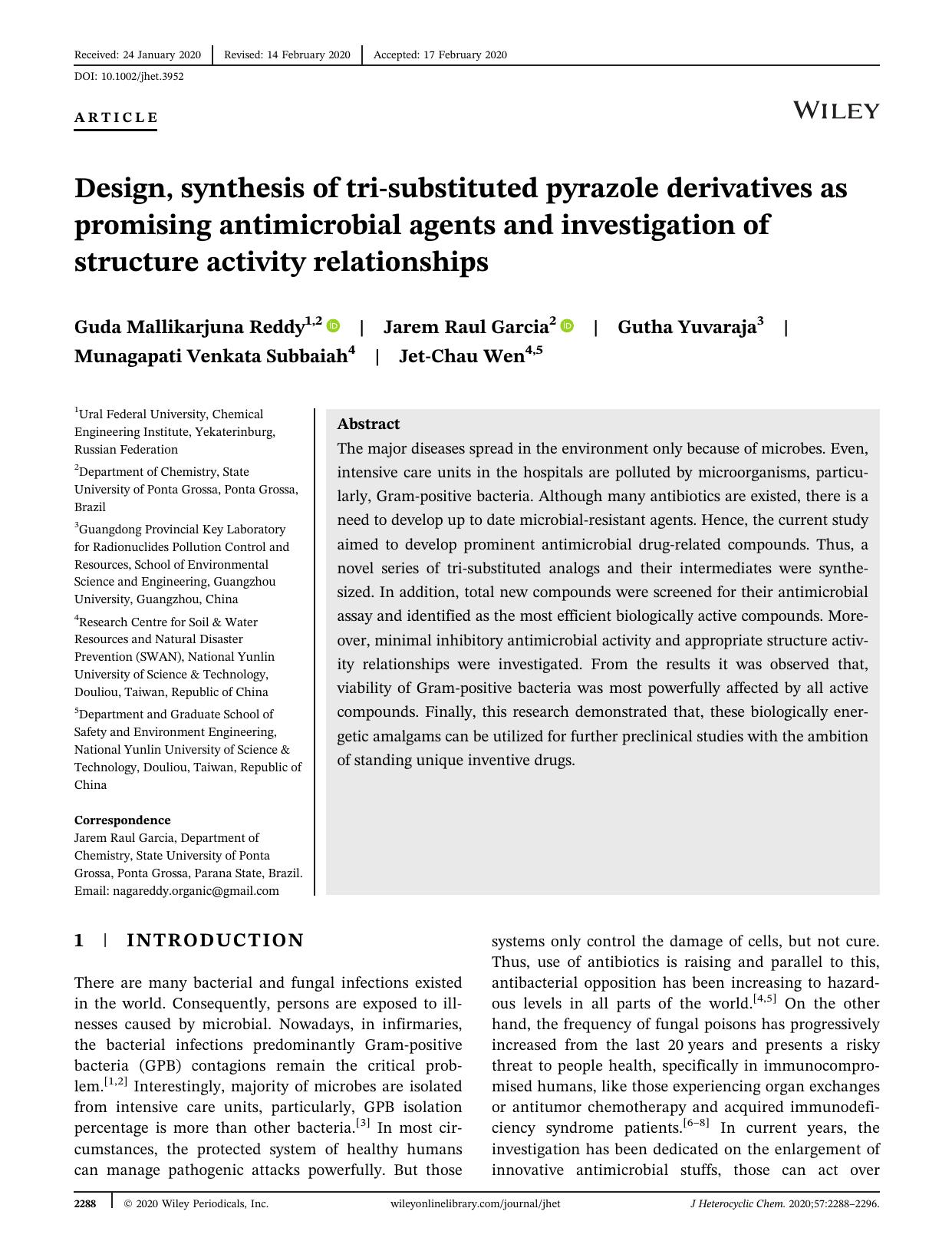 Design, synthesis of tri substituted pyrazole derivatives as promising antimicrobial agents and investigation of structure activity relationships by Unknown