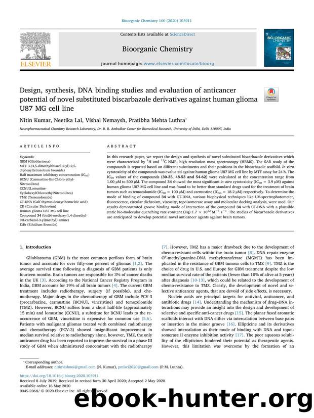 Design, synthesis, DNA binding studies and evaluation of anticancer potential of novel substituted biscarbazole derivatives against human glioma U87 MG cell line by Nitin Kumar