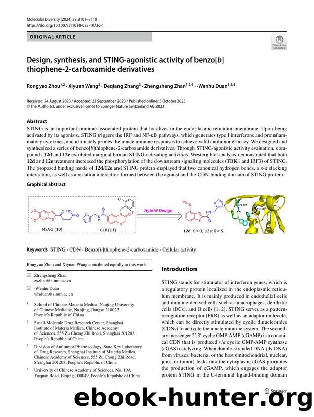 Design, synthesis, and STING-agonistic activity of benzo[b]thiophene-2-carboxamide derivatives by Rongyao Zhou & Xiyuan Wang & Deqiang Zhang & Zhengsheng Zhan & ·Wenhu Duan