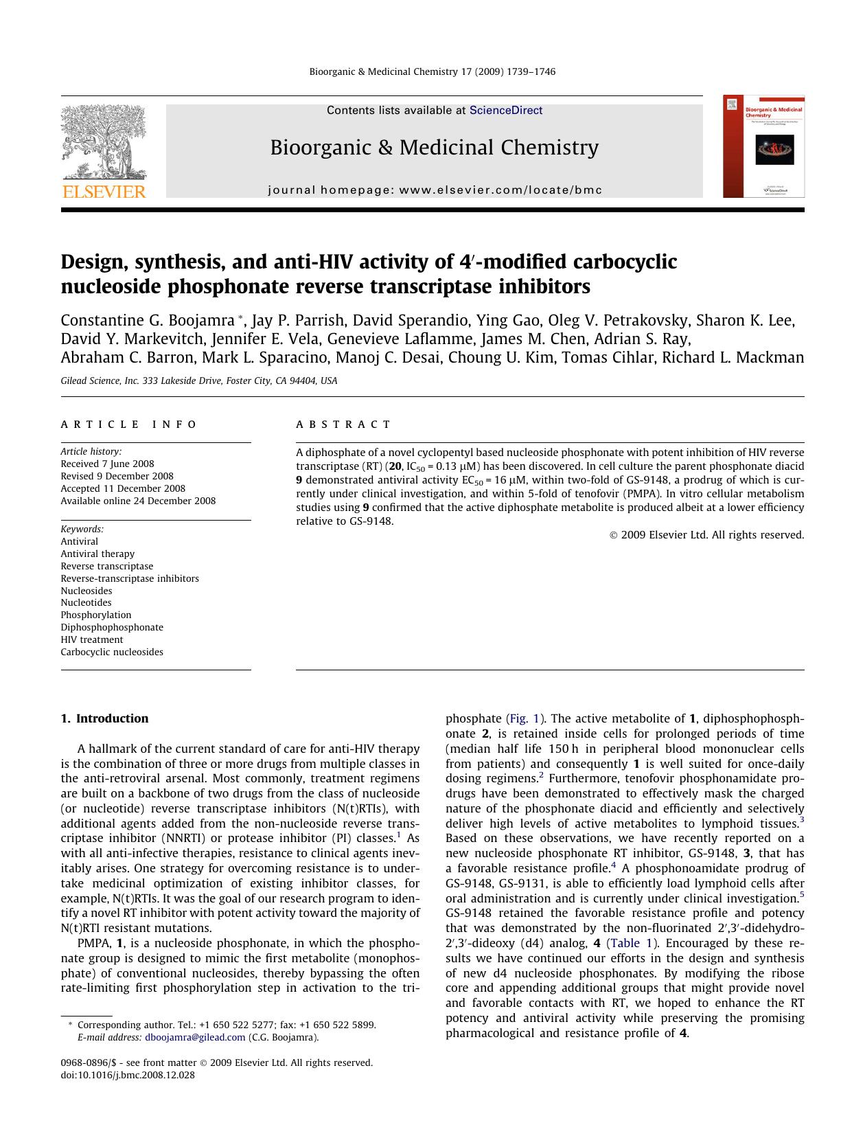 Design, synthesis, and anti-HIV activity of 4â²-modified carbocyclic nucleoside phosphonate reverse transcriptase inhibitors by unknow