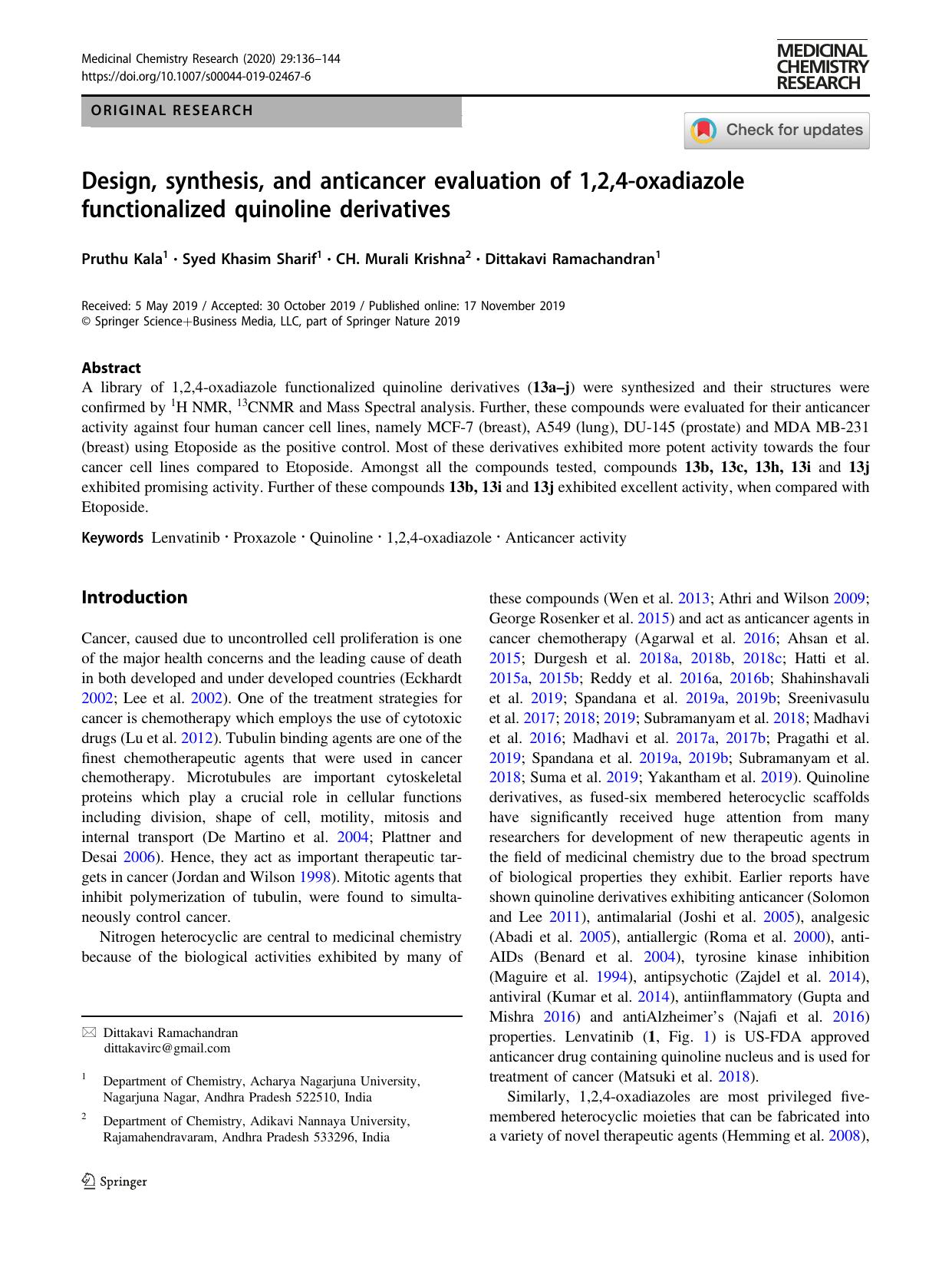 Design, synthesis, and anticancer evaluation of 1,2,4-oxadiazole functionalized quinoline derivatives by Pruthu Kala & Syed Khasim Sharif & CH. Murali Krishna & Dittakavi Ramachandran