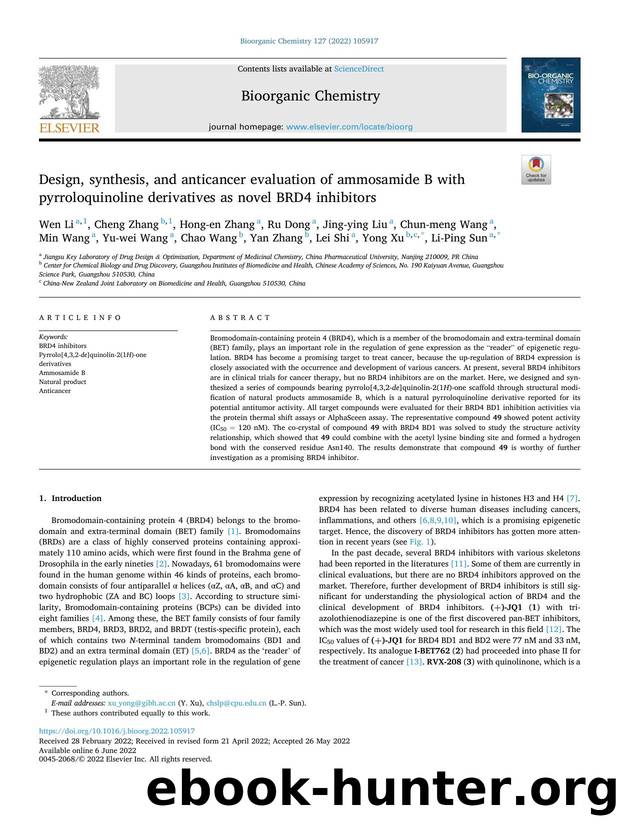 Design, synthesis, and anticancer evaluation of ammosamide B with pyrroloquinoline derivatives as novel BRD4 inhibitors by Wen Li