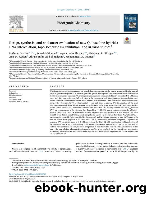 Design, synthesis, and anticancer evaluation of new Quinazoline hybrids: DNA intercalation, topoisomerase IIÎ± inhibition, and in silico studies by unknow