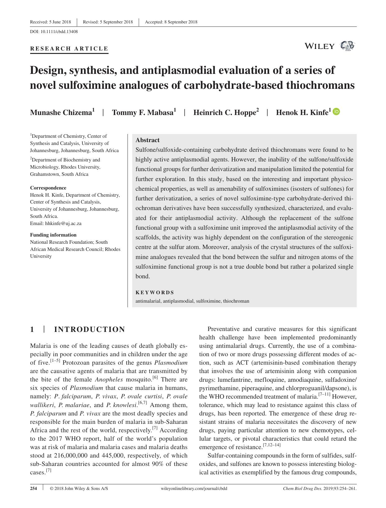 Design, synthesis, and antiplasmodial evaluation of a series of novel sulfoximine analogues of carbohydrate‐based thiochromans by unknow