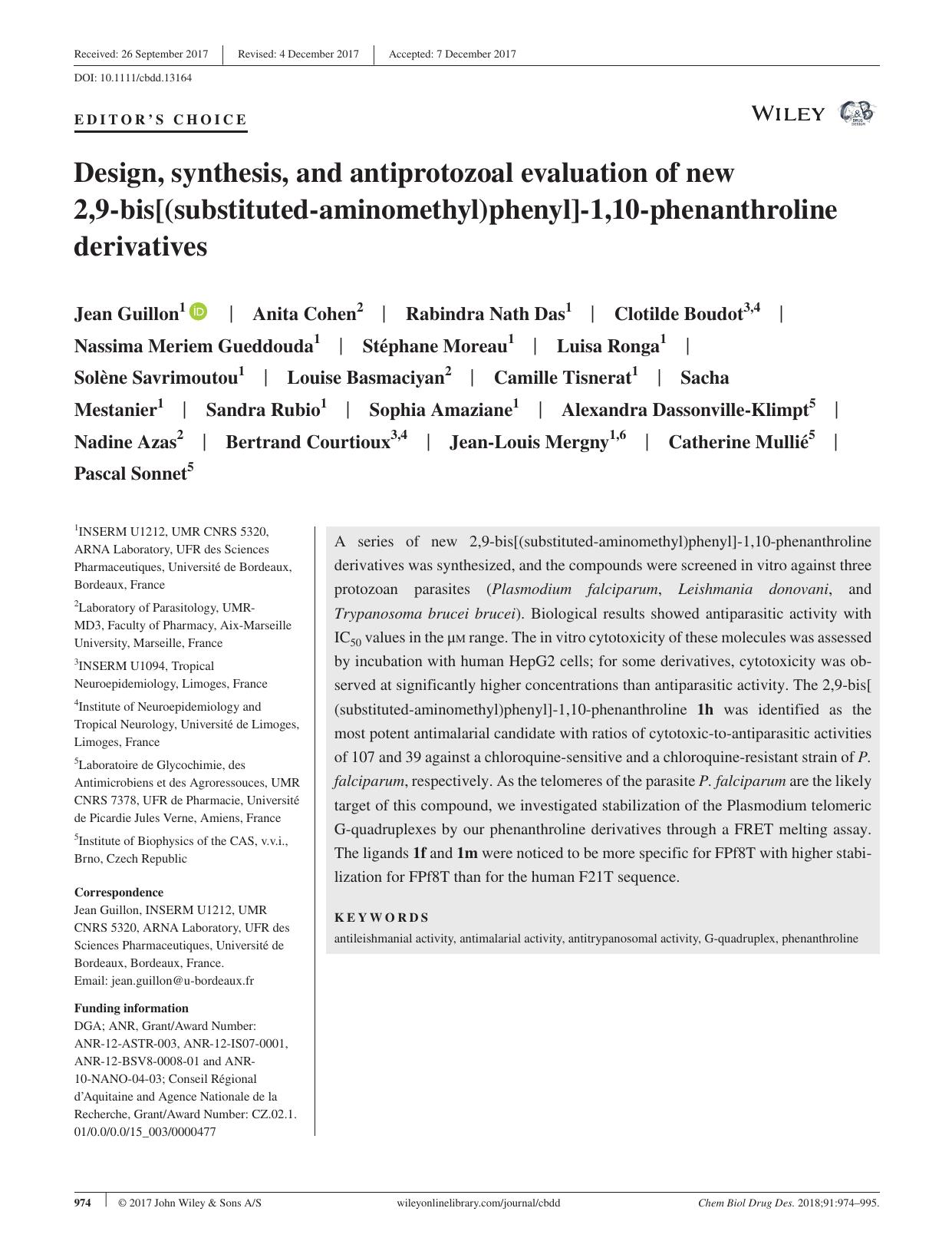 Design, synthesis, and antiprotozoal evaluation of new 2,9‐bis[(substituted‐aminomethyl)phenyl]‐1,10‐phenanthroline derivatives by unknow